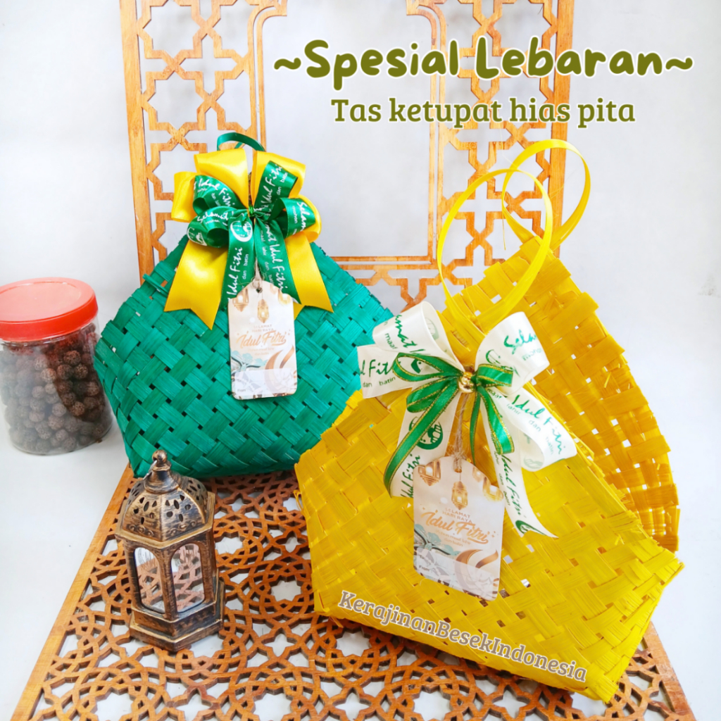 

GOODIE BAG HAMPERS LEBARAN 2025 BONUS TAG Tas ketupat 27cm x 9cm dan 20cm x 10cm warna pita toples tabung kue idul fitri parsel