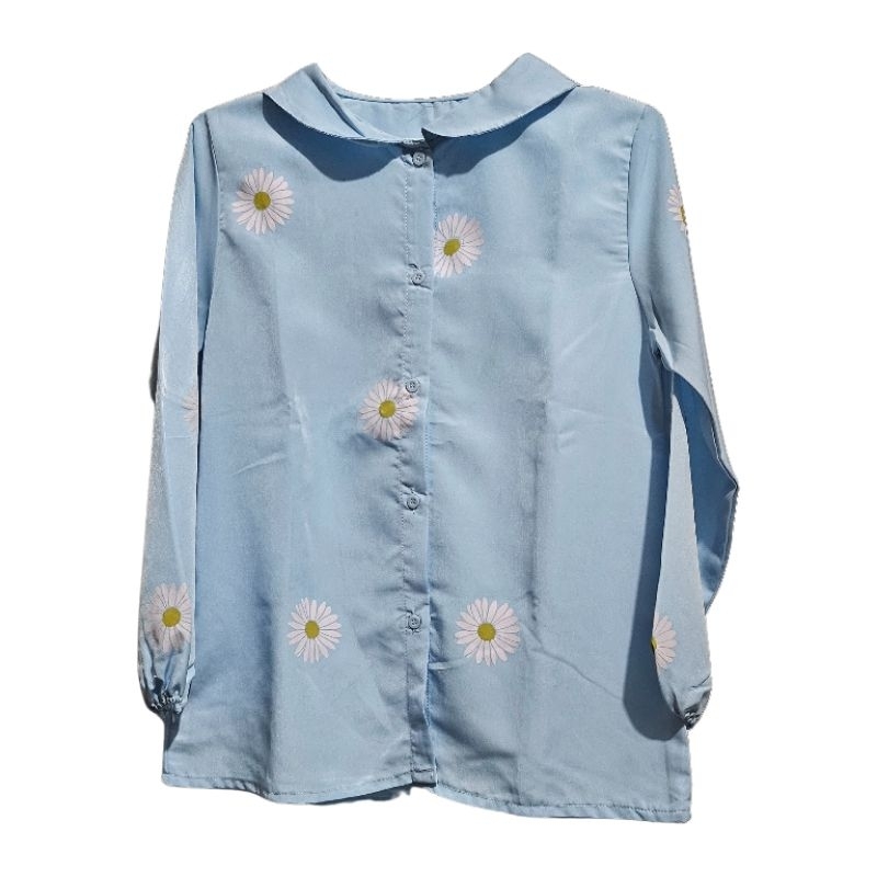 Kemeja Wanita Kemeja Vintage Korea Blus Wanita Kemeja Thailand Daisy Flower Biru Muda Preloved