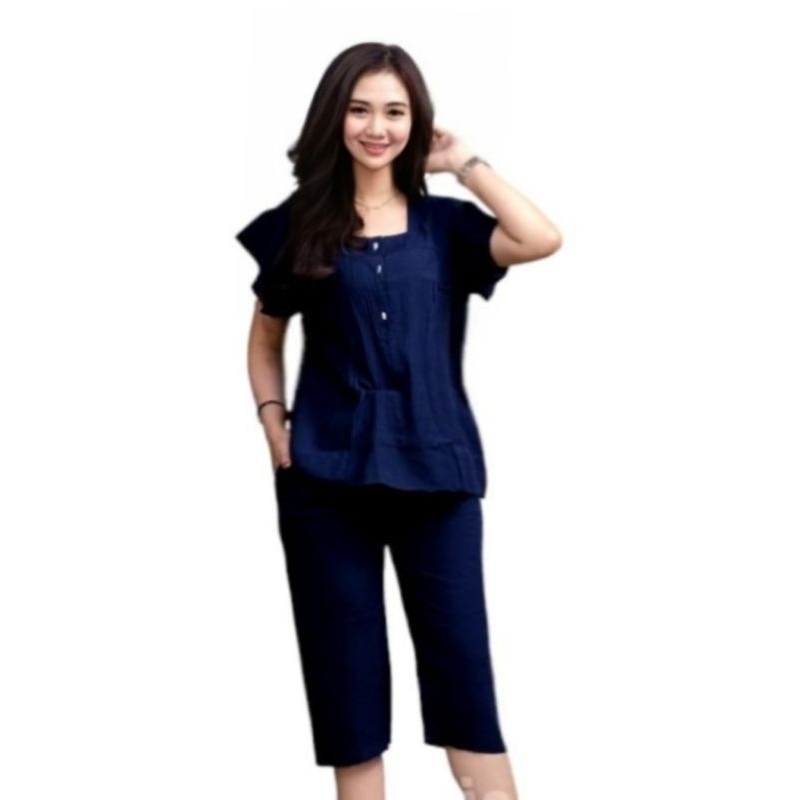Setelan Baju atasan wanita Celana 3/4 bahan Rayon Polos Lengan pendek