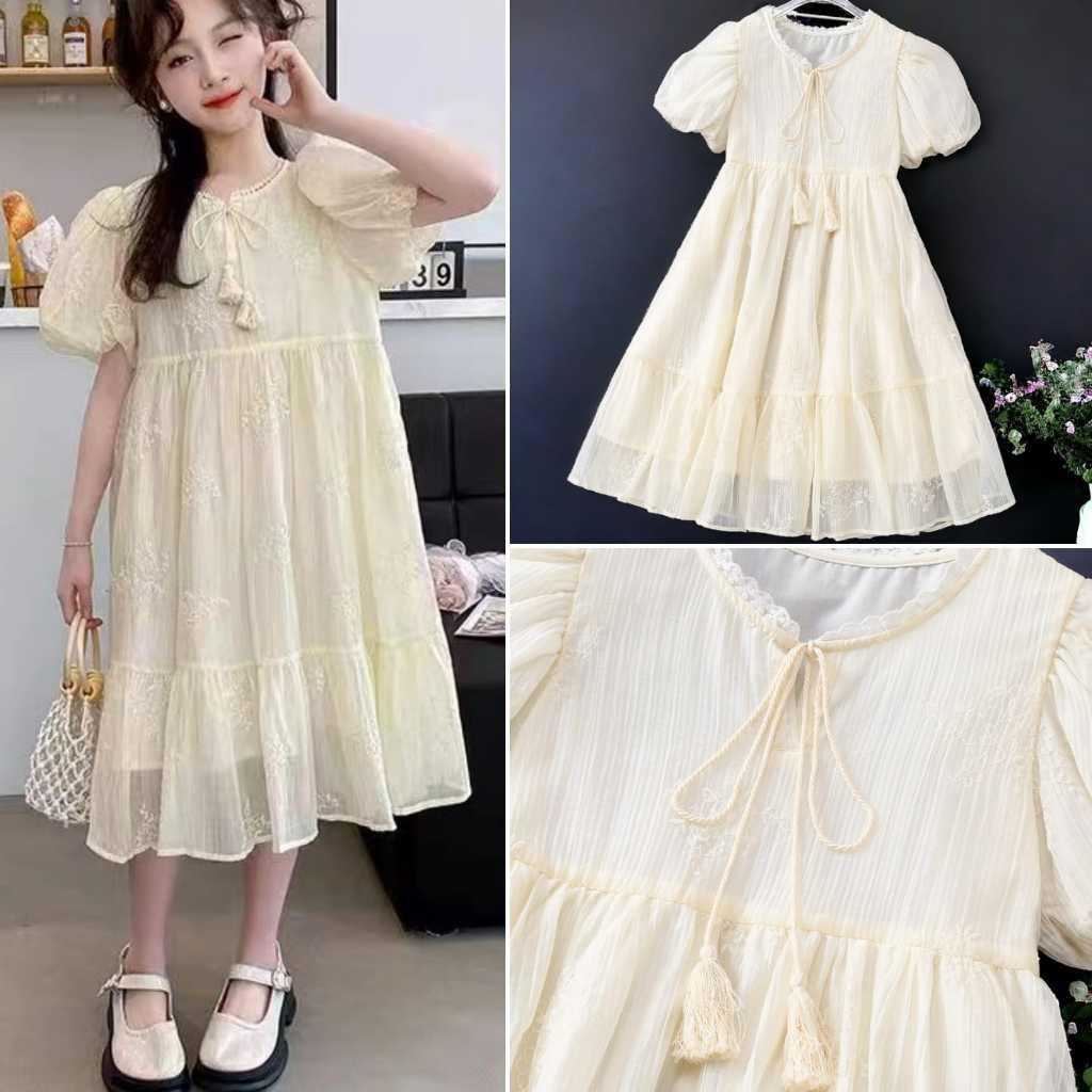 (4th-dewasa) Dress Brokat Anak Dewasa Lengan pendek balon import gaun pasangan ibu anak putih gading