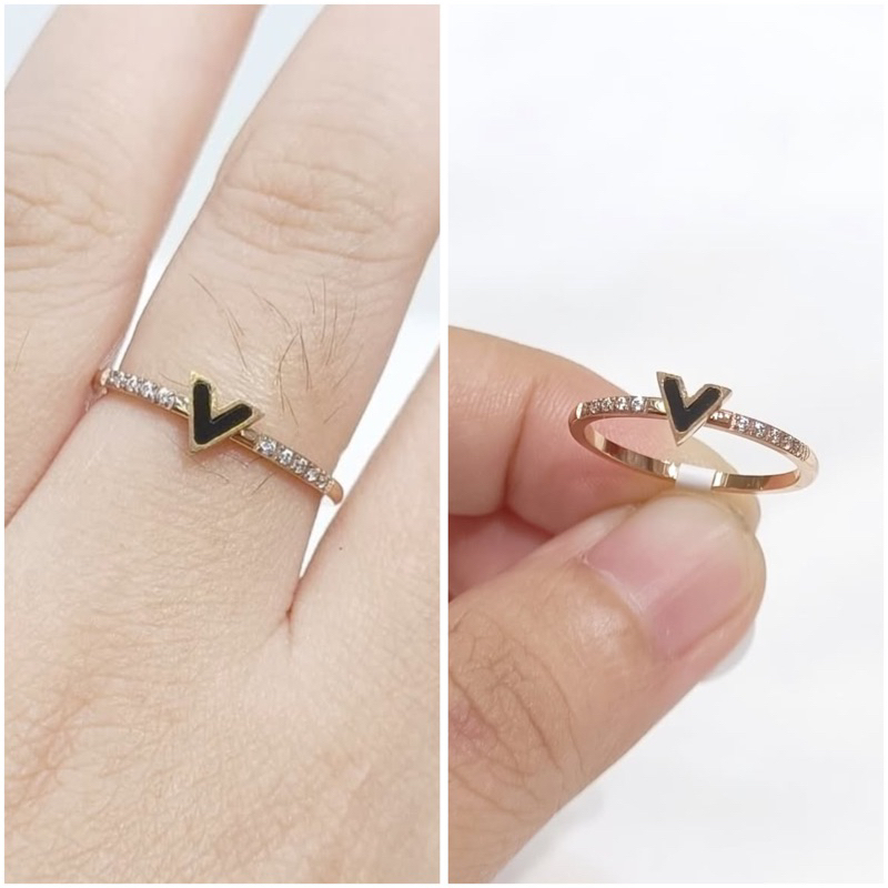 Cincin titanium V hitam tipis lis diamond
