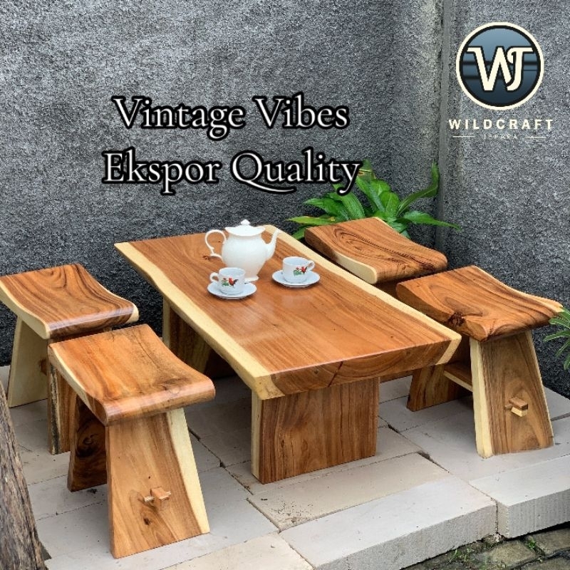 SET MEJA KOPI MEJA LESEHAN 4 STOOL SATE KAYU TREMBESI SOLID