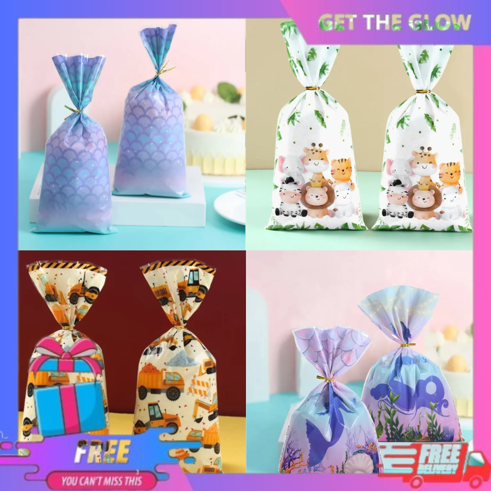 

10pcs Tas Hadiah Plastik Cat Air Dengan Pita Ulang Tahun Lucu Perlengkapan Ulang Tahun Karakter Animal Putri Duyung Kontruksi Truk