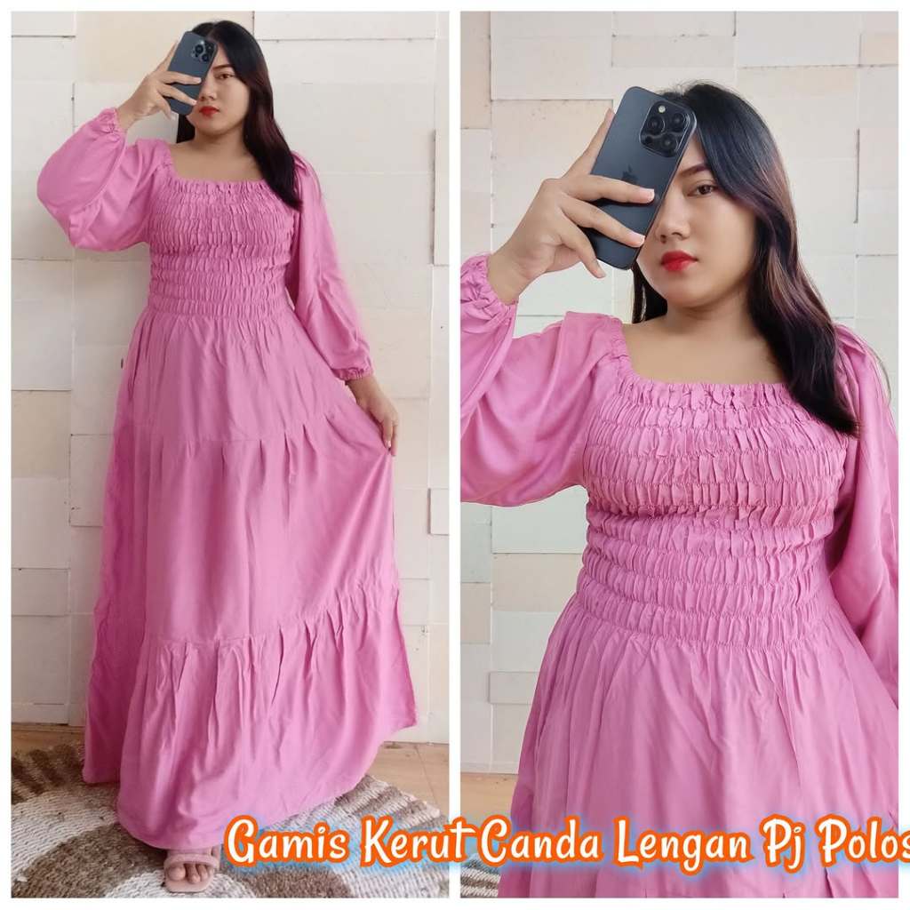 GAMIS CANDA LENGAN PANJANG DASTER KERUT DADA LENGAN PANJANG LD 120 LD 130 LEBAR BAWAH 2m POLOS