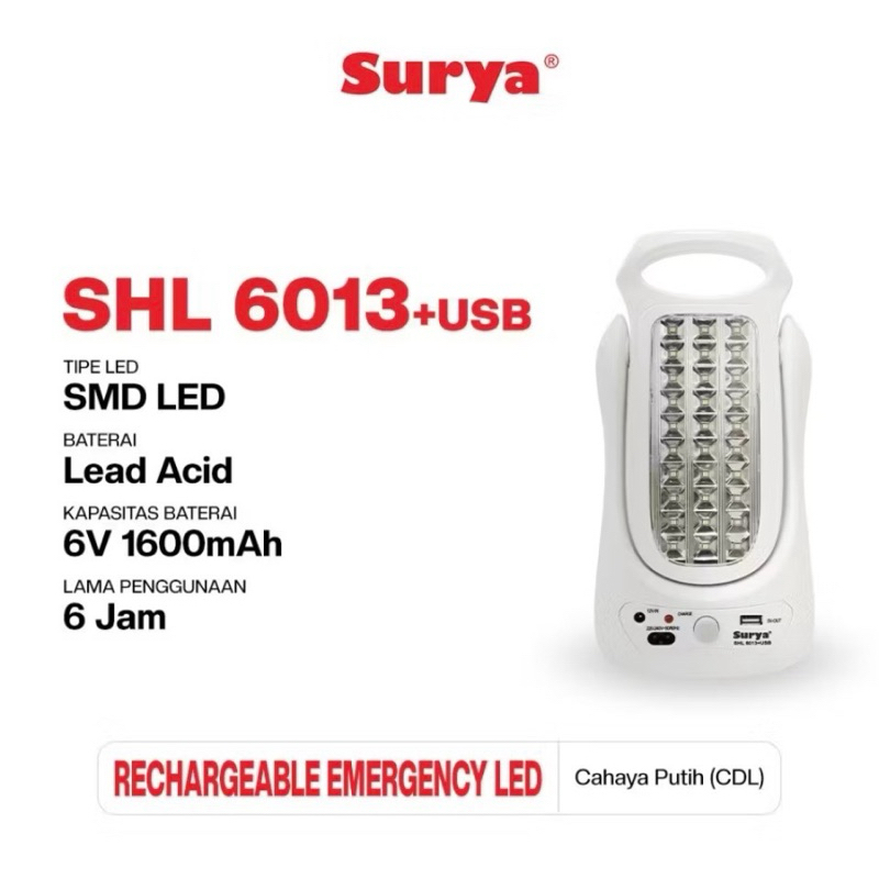 Lampu Emergency Charge Surya SHL6013+USB / Recharger Emergency Lamp Surya SHL6013+USB