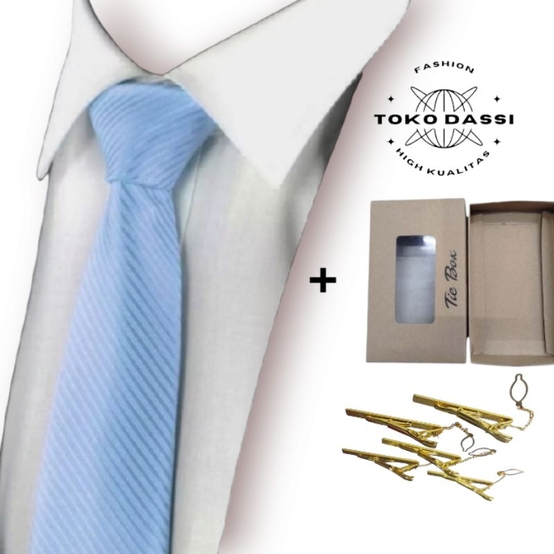 dasi instan motif salur biru city/biru muda dasi+box+jepit dasi