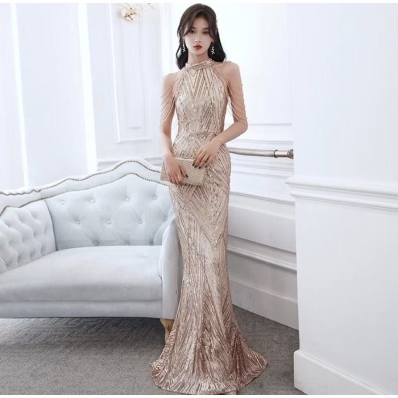 Gaun dress sequin payet gold panjang