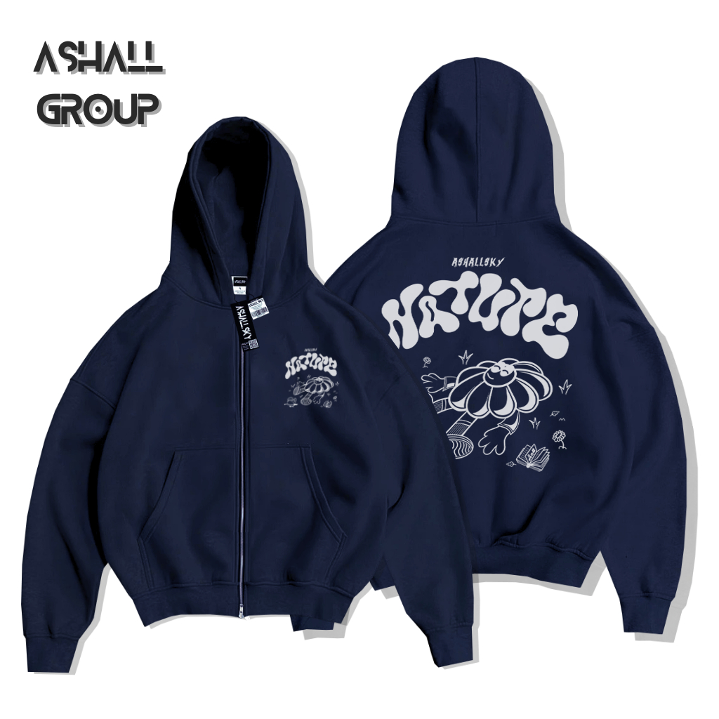 Jaket Sweater Hoodie Boxy Double Zipper Oversize Motif Navy Nature Flo Unisex Hoodie Boxy Zipper Hoo