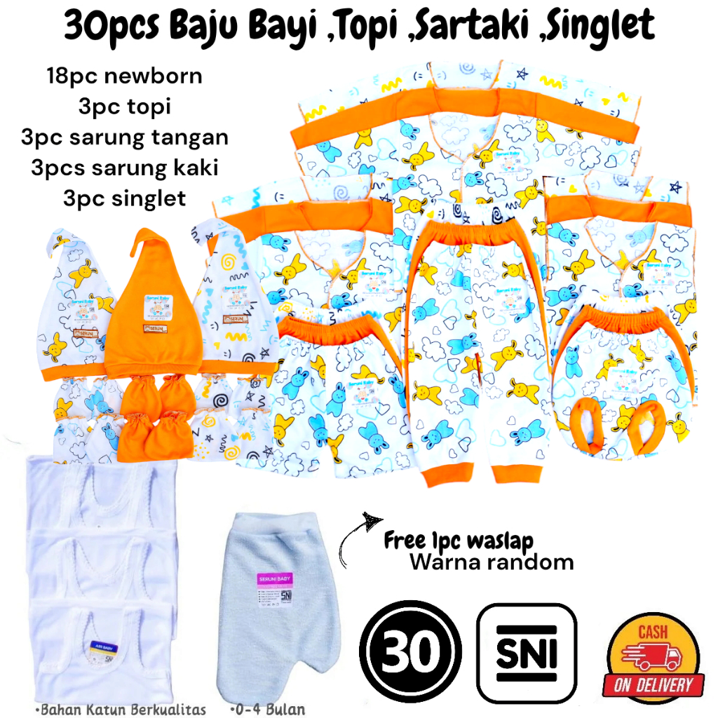 30Pcs Paket Baju Bayi Baru Lahir Celana Bayi Topi Sartaki Singlet Free Waslap