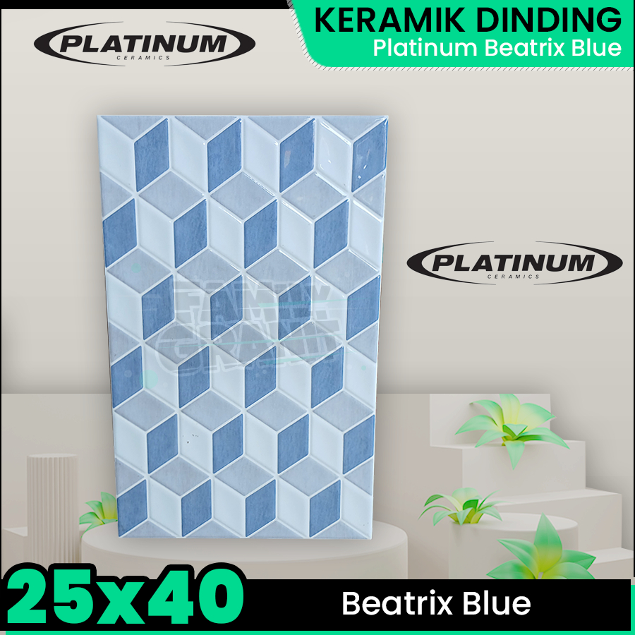 Keramik Dinding 25x40 Platinum Beatrix Blue Wall Tile Motif Kotak 3D Glossy Emboss