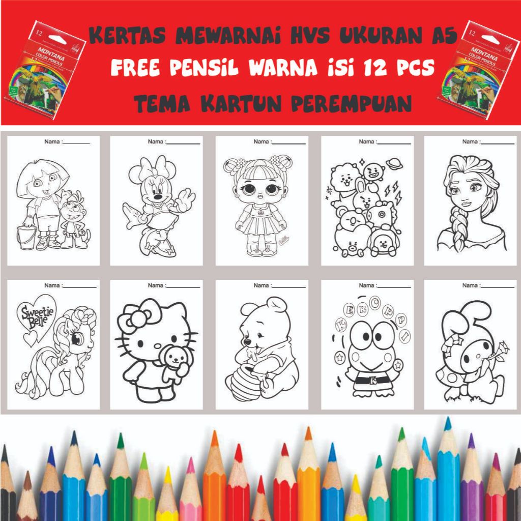 

Gambar Mewarnai kertas hvs ukuran A5 / sketsa / edukasi anak /coloring / karakter Perempuan
