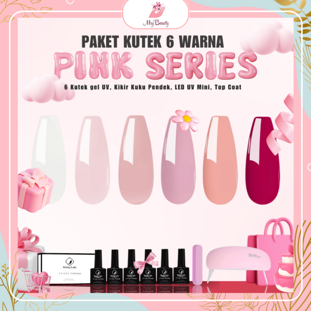 MSY Paket Rising Lady Kutek 6 Warna Pink Series / Paket Kutek Warna Pink Merah Muda Soft Lucu Free U