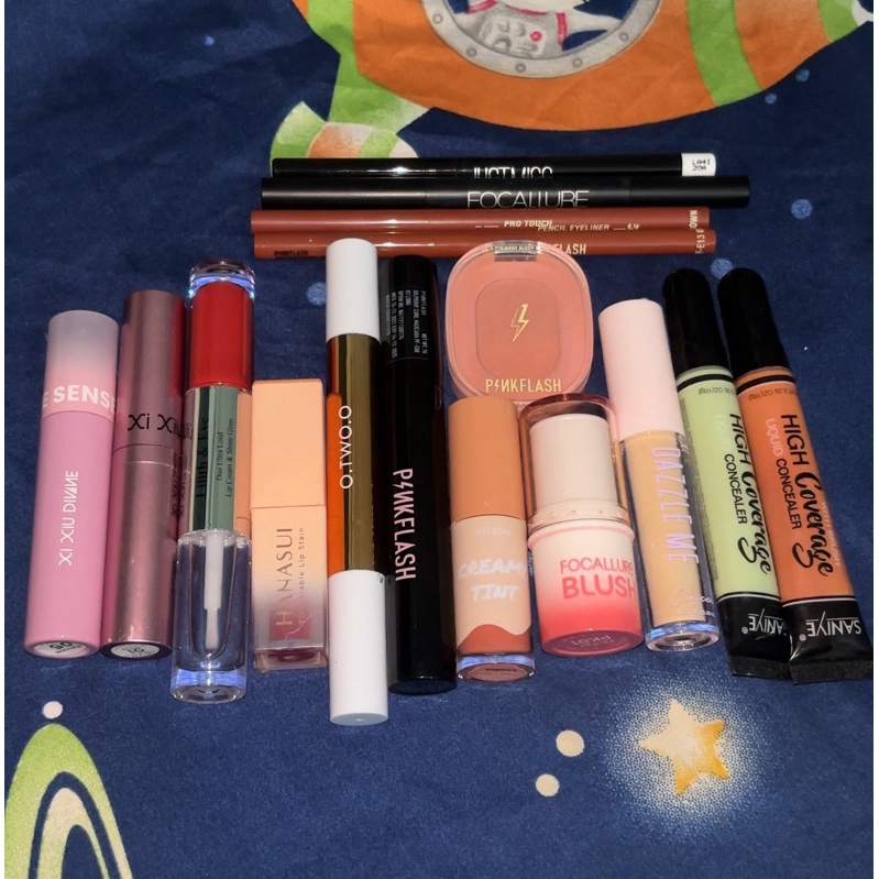 (TAKE ALL 16 ITEM) PRELOVED MAKEUP SET PINKFLASH FOCALLURE EMINA DAZZLE ME HANASUI SANIYE JUSTMISS O