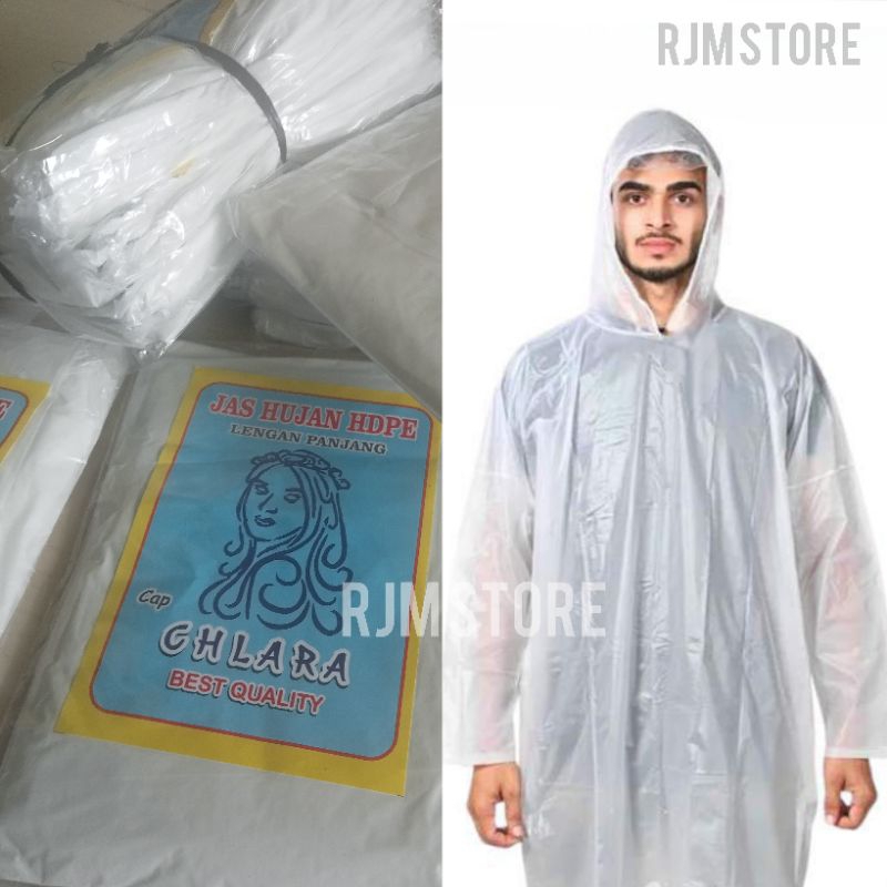 Jas Hujan Plastik Putih Bening Transparan Ponco Lengan Panjang HDPE