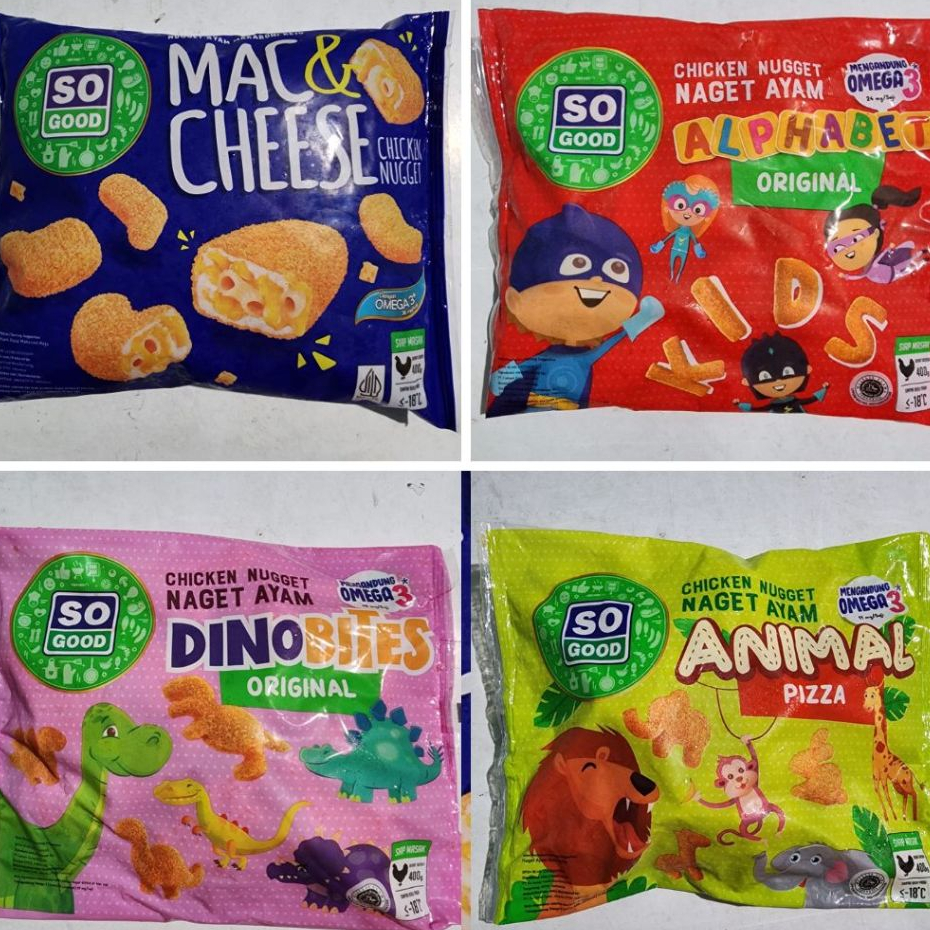 

So Good Chicken Nugget, Naget Ayam, Mac and Cheese, Alphabet, Dinobites, Animal Pizza (400gr)