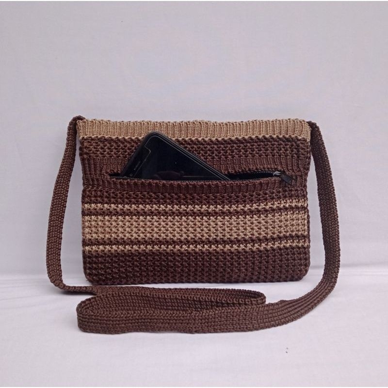 tas rajut dua ruang / tas rajut slempang dua resleting