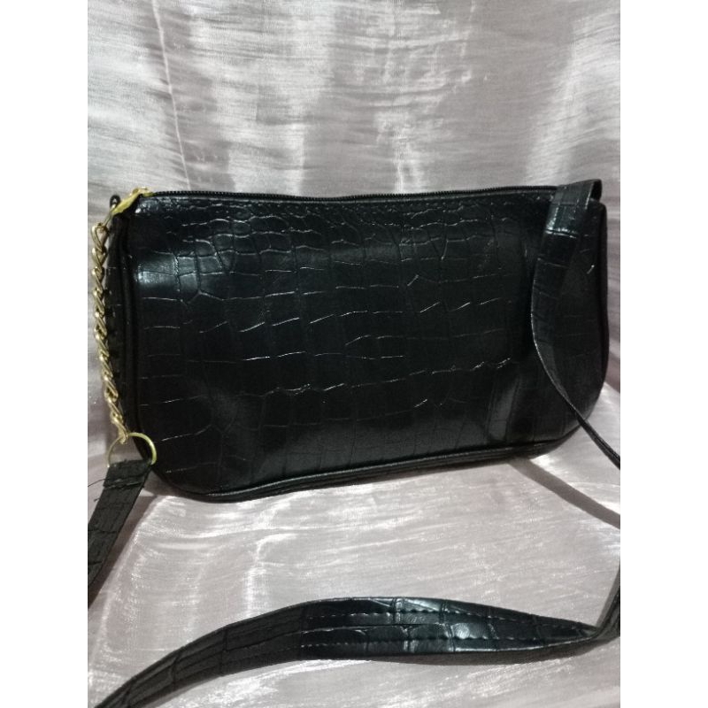 SHOULDERBAG WANITA KEKINIAN - TAS SELEMPANG CROCO TALI RANTAI - Warna Hitam