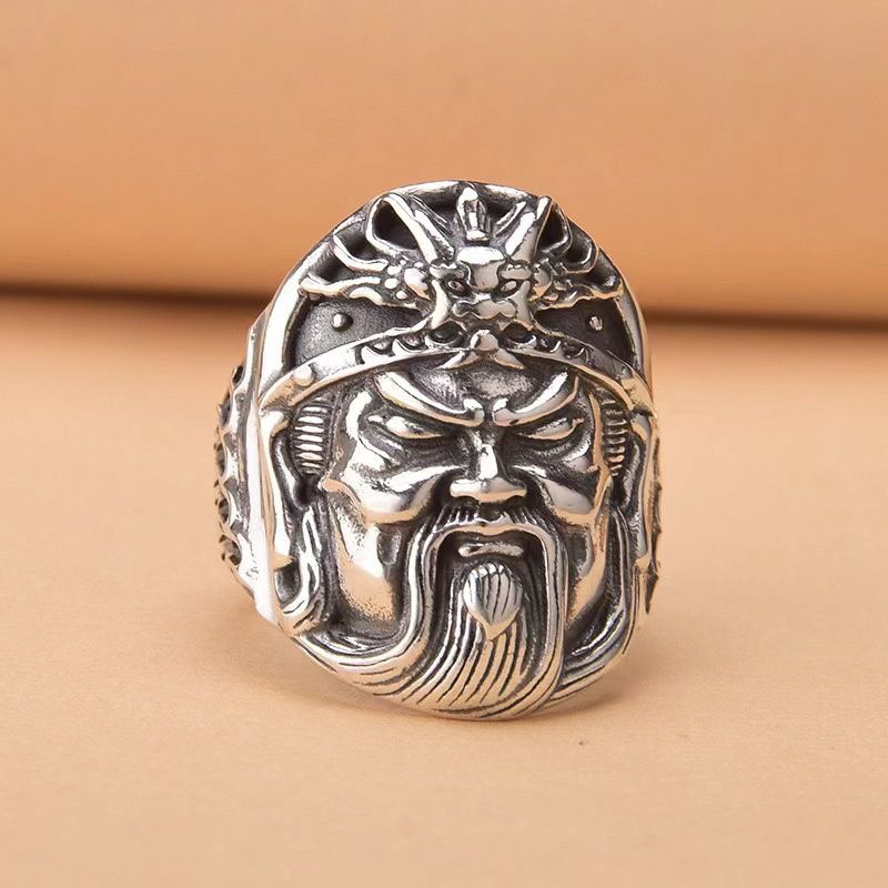 Cincin Etnik Desain Kepala Dewa "Guan Gong" Silver / Silver "Guan Gong" God Head (Adjustable)