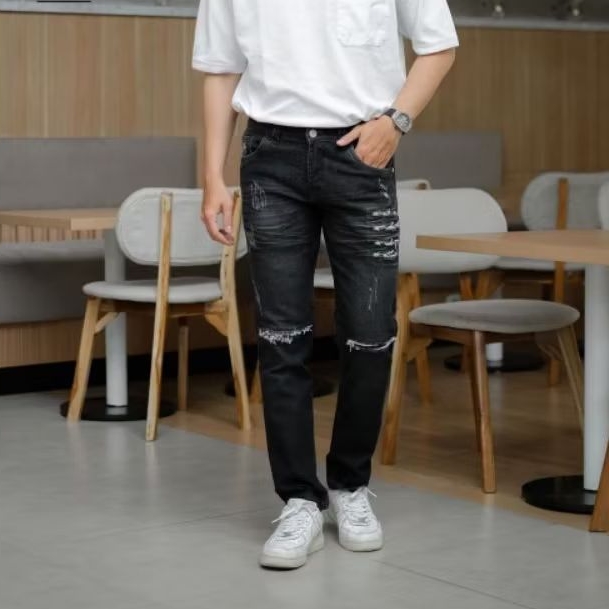 WITROSHOP Celana Jeans Sobek Pria /Celana Jeans Panjang Pria Sobek Ripped Sobek Tidak tembus