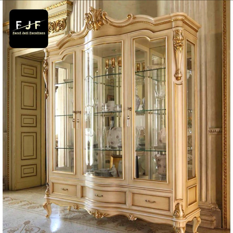 Lemari Pajangan Kaca 3 Pintu Reguler Almari Pajangan Mewah Putih Duco