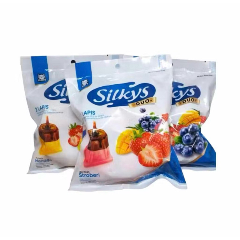 

Silkys Duo 260g (isi 10pcs) Puding Susu 2 lapis Gula Aren Jelly Rasa Buah Mangga Strawberry Blueberry Jeli Cup Kemasan Pouch