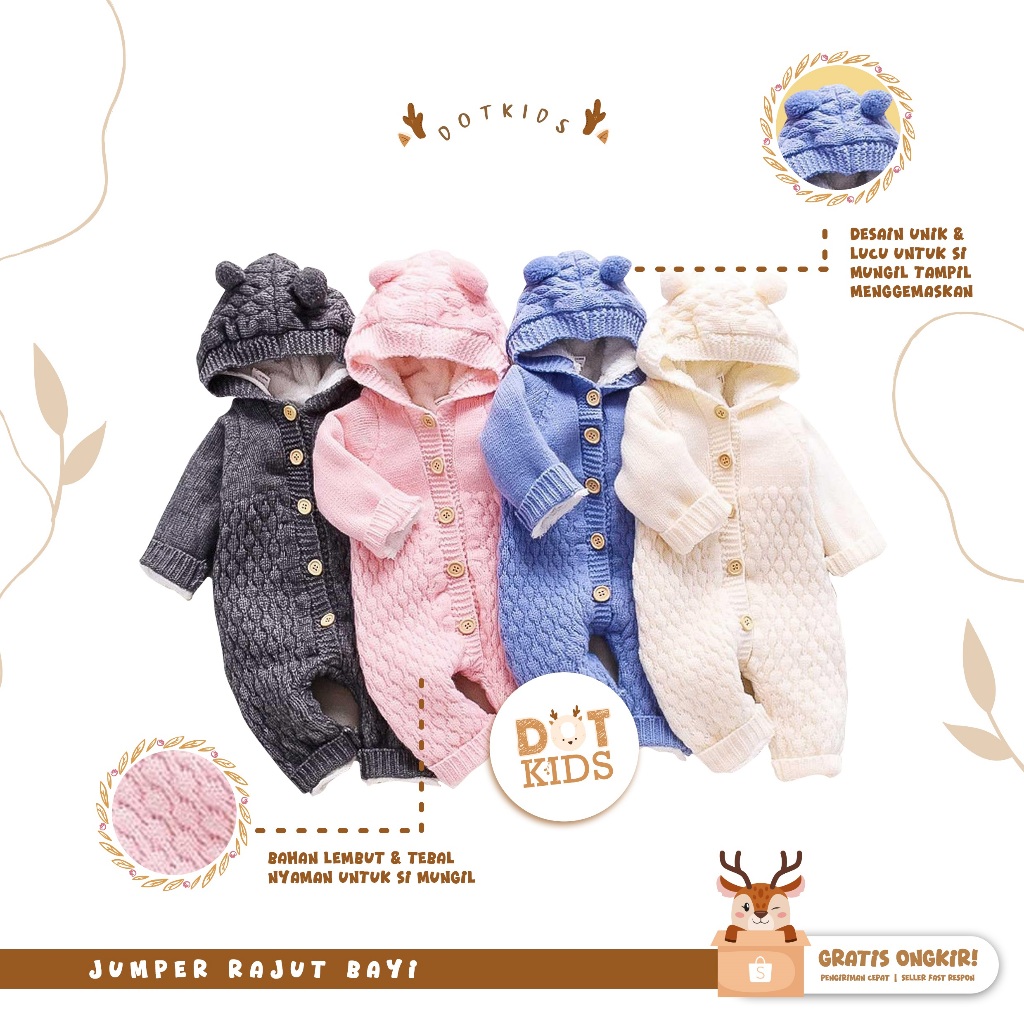 RJ7 Jumper Bayi Lucu Rajut - Baju Bodysuit Bayi Baru Lahir 0-6 Bulan untuk Laki-Laki & Perempuan