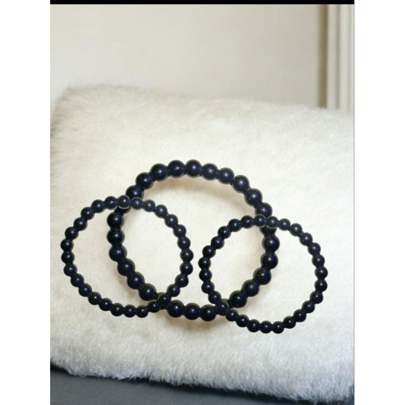 Gelang Batu Hitam Polos Batu Giok Tali Karet Elastis Pria Dan Wanita