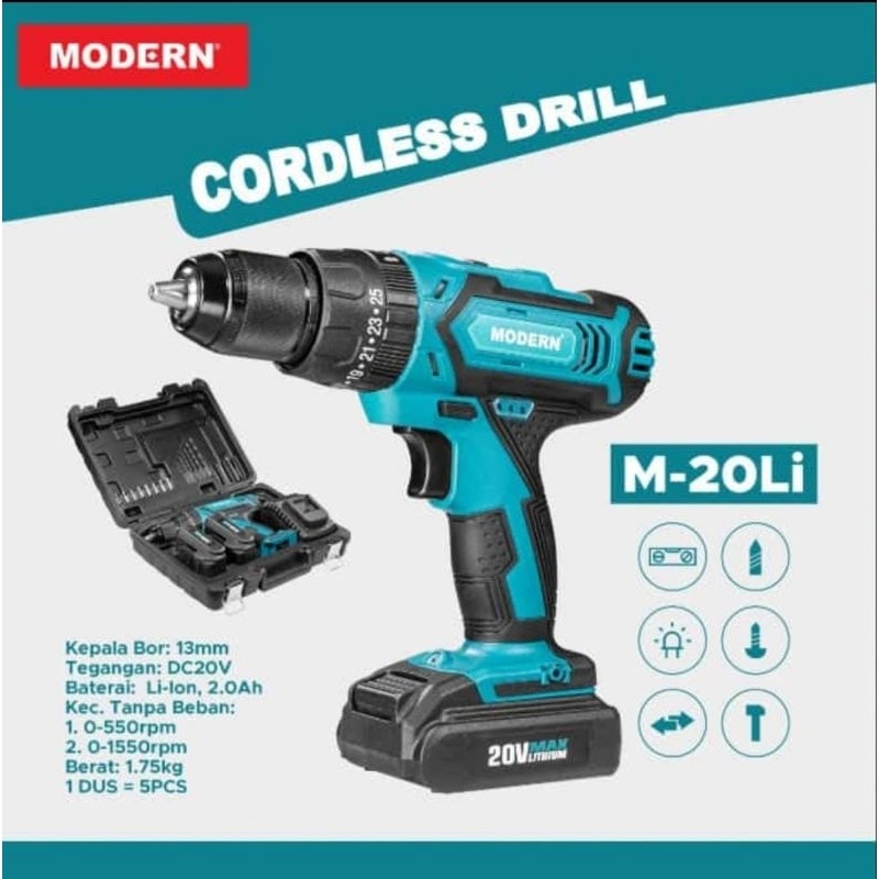 Modern M20Li / Mesin Bor Baterai 13mm M20Li Cordless Drill/Bor Cas 20V Modern M-20Li