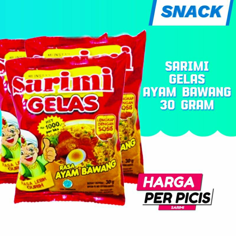 

Sarimi gelas 30 GRAM, Ayam bawang, Kari ayam, Soto ayam, Baso sapi, Sosis