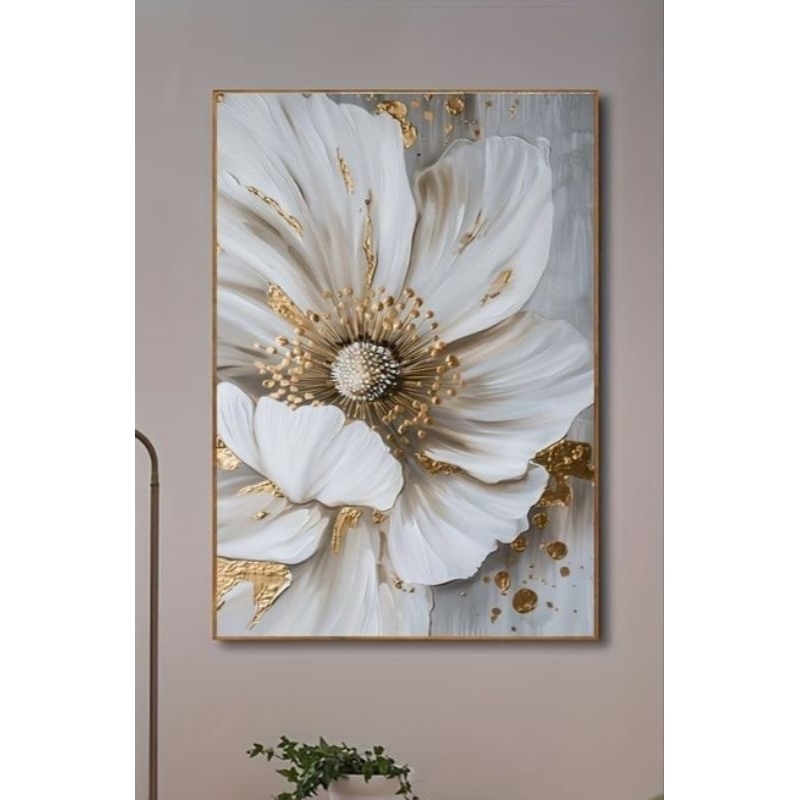 lukisan kanvas bunga white gold plus frame lukisan cantik hiasan dinding ruang tamu besar