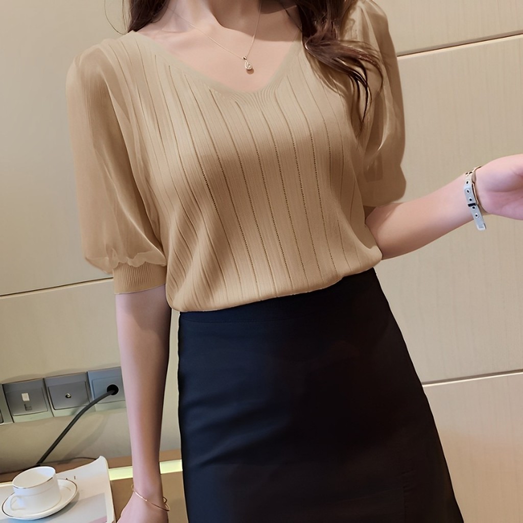 (wb) Blouse Rajut Surplice V-neck Lengan 3/4 Kombinasi Tile Transparan #4427