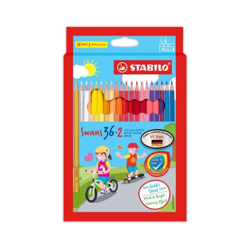 

STABILO Swans Colored Pencils / Pensil Warna Panjang Isi Lebih Banyak 36+2 BONUS Warna Metalik Silver & Gold Formulasi Warna Terang dan Cerah Stationary Alat Tulis