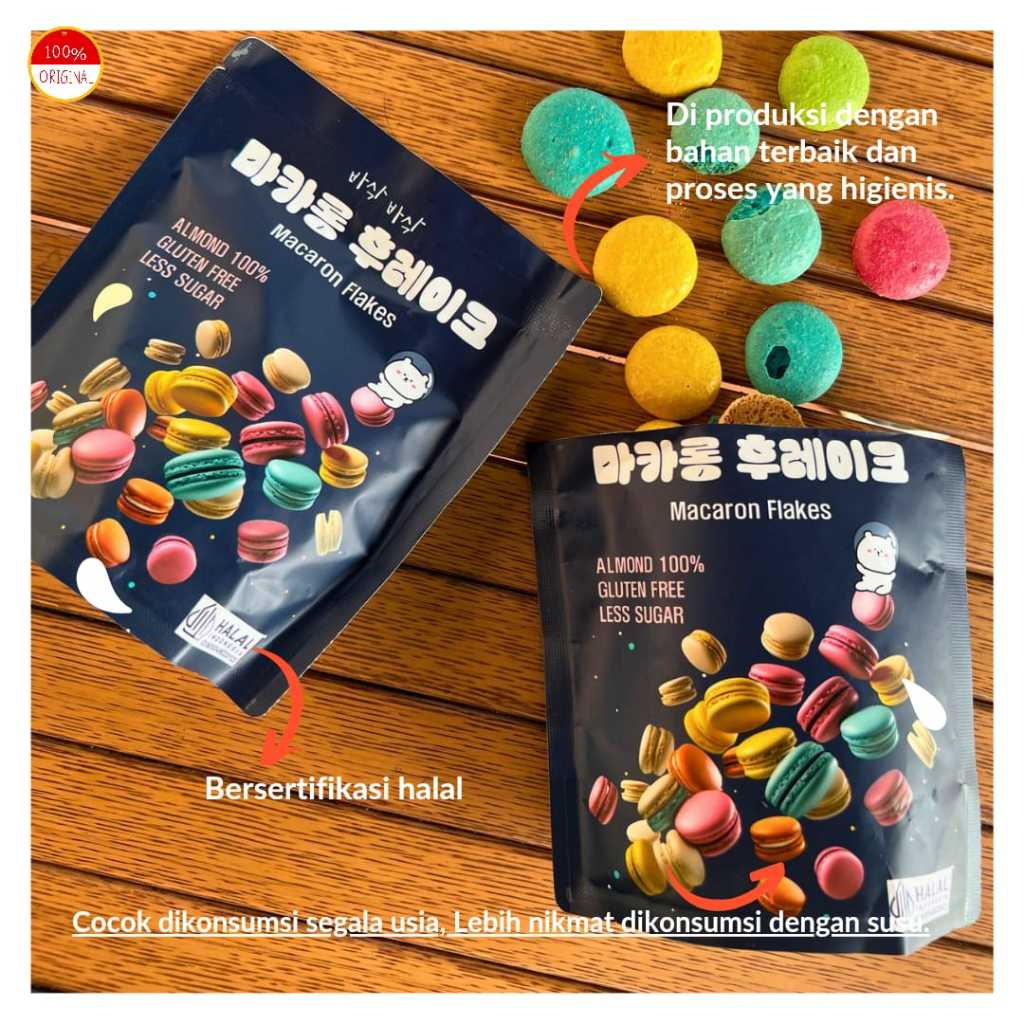 

MBA.SNACK Macaron Flakes Biskuit Snack Sereal 75Gram - Macaron Cookies Rendah Gula Tepung Almond 100%