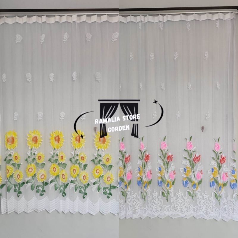 Gorden Vitrase Motif Bunga Tulip dan Matahari Model Plisket