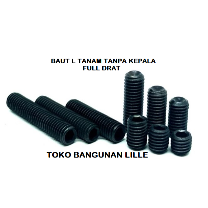Baut Tanpa Kepala M 8 Baut L Set Tanam Headless Baut Kunci L 3 mm Counter Hitam 8 mm Full Long Drat 