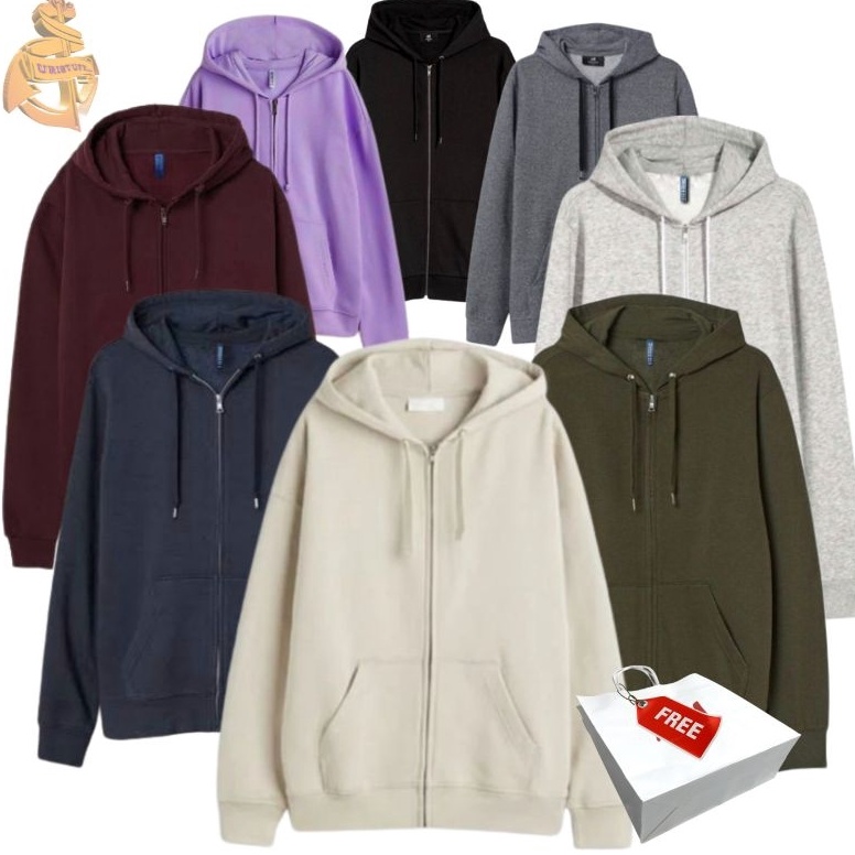 Terbaik Hoodie Zipper Polos Basic HM Hitam Army Maroon Grey Navy Brown Hnm Jaket Pria Wanita Free Pa