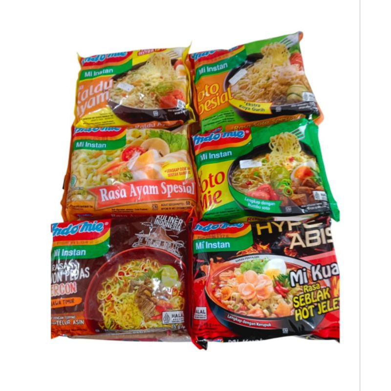 

Indomie kuah mie instanVarianKaldu ayam 75grAyam spesial 68grTelur asin 75gr Soto spesial 75grSoto mie 70gr Seblak hot jeletot 75gr