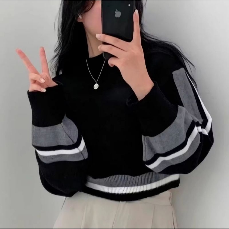 Sweater Rajut Crop /Sweater Rajut Wanita Lengan Panjang Balon