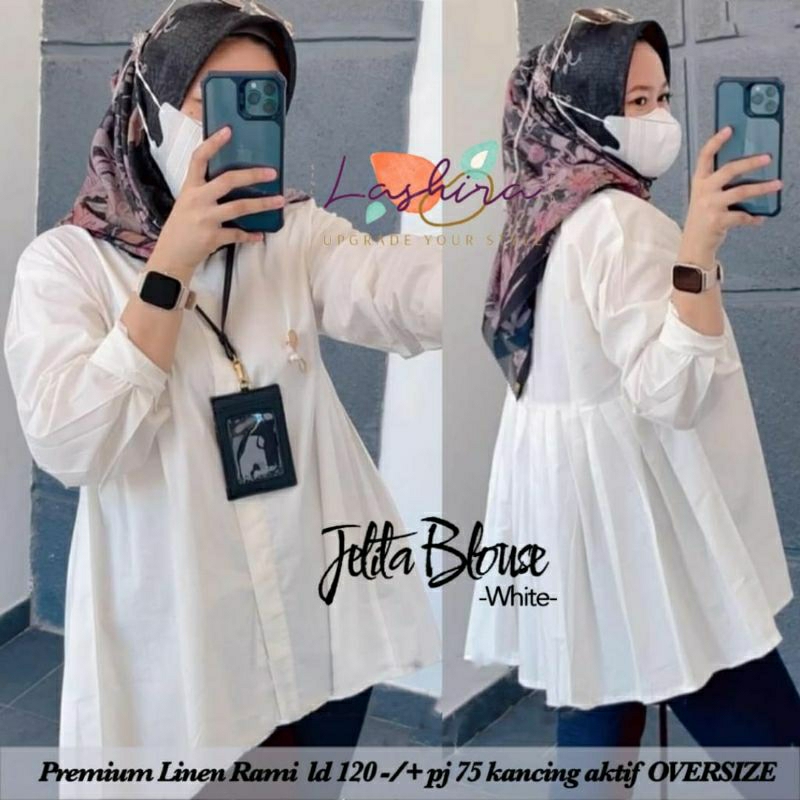 putih / Broken white Jelita Kemeja Wanita polos Blouse Jumbo Ld 120 bahan katun linen halus / Lashir