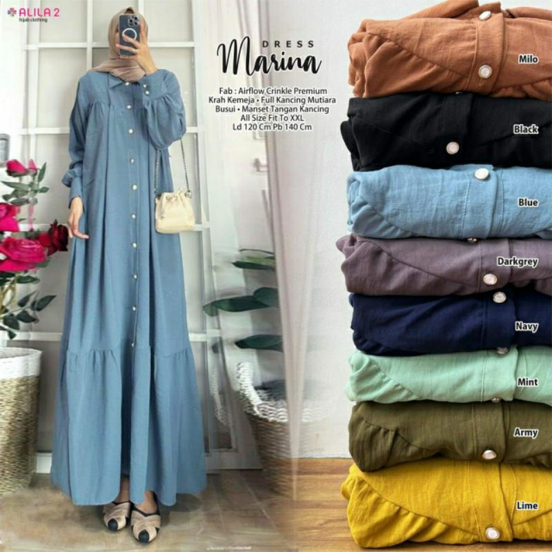 Soft blue / Biru denim Marina Dress Polos Gamis muslim Ld 120 fit XXXXL JUMBO maxy cantik by alila