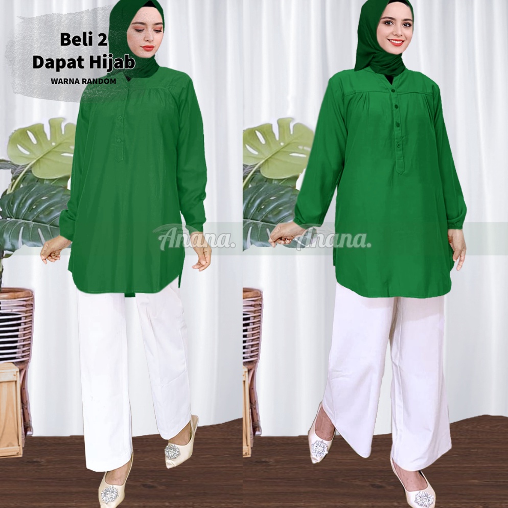 22 Langsung Kirim Baju Kemeja Blouse Wanita Dewasa Remaja Busana Muslim Hijau Botol