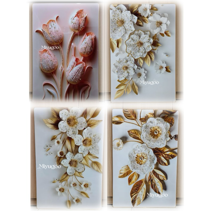 Lukisan walldecor Dinding bunga  Hiasan 5D Porcelain Diamond bingkai gold / wall decoration timbul /