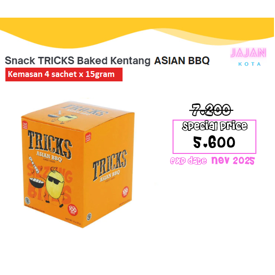 

Snack TRICKS Baked Kentang Asian BBQ 1 box (4 sachet x 15 g)