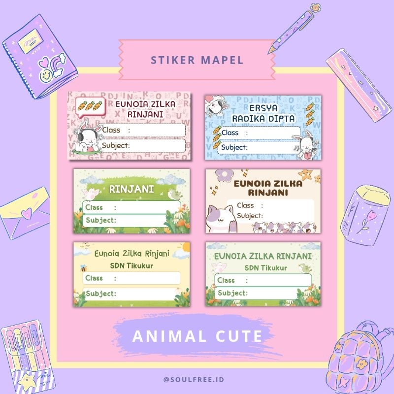 

stiker label buku custom / stiker mata pelajaran / stiker buku lucu / stiker buku animal cute series