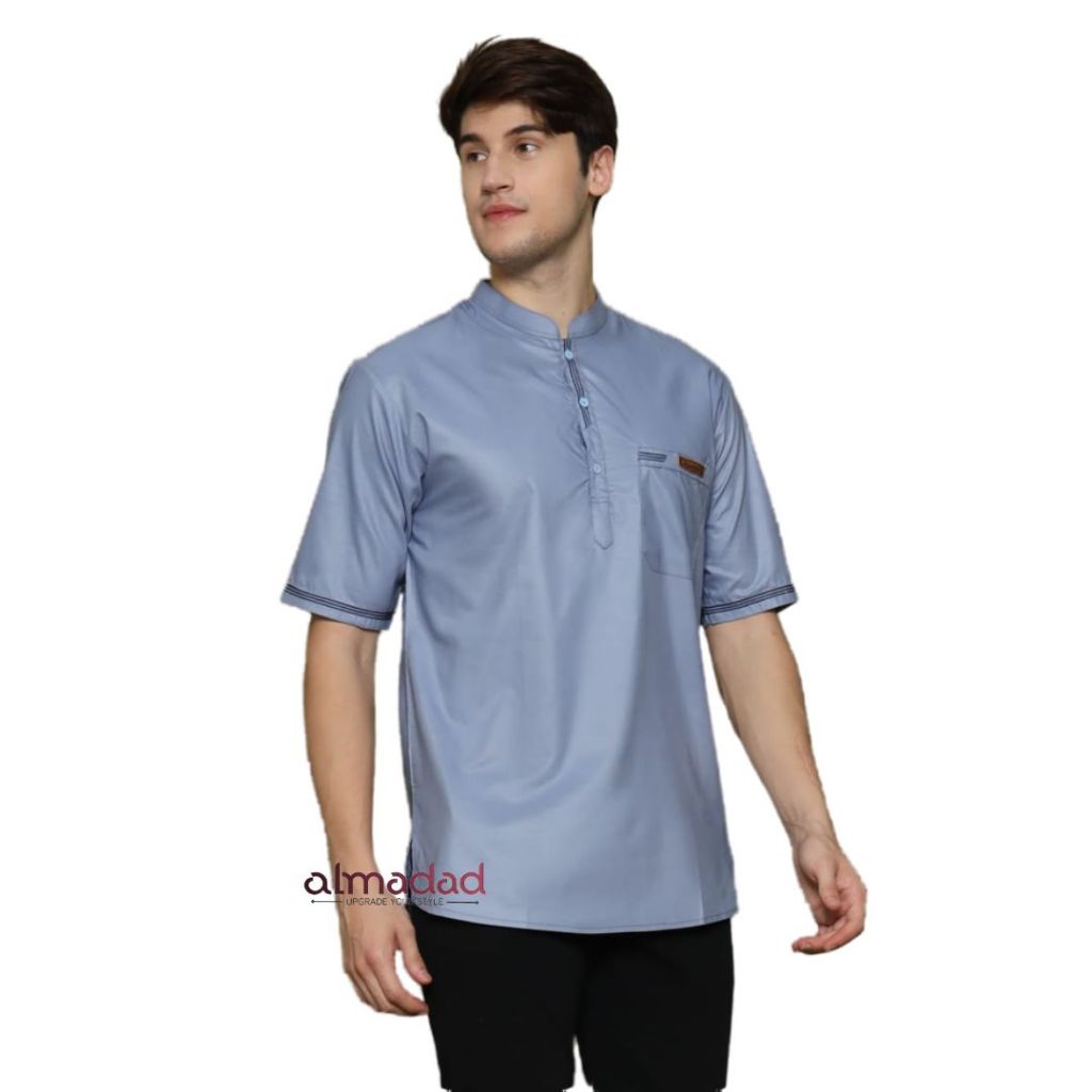 Baju Koko Kurta Premium Lengan Pendek Motif Sakka Warna Biru Ice Blue Koko Pria Dewasa