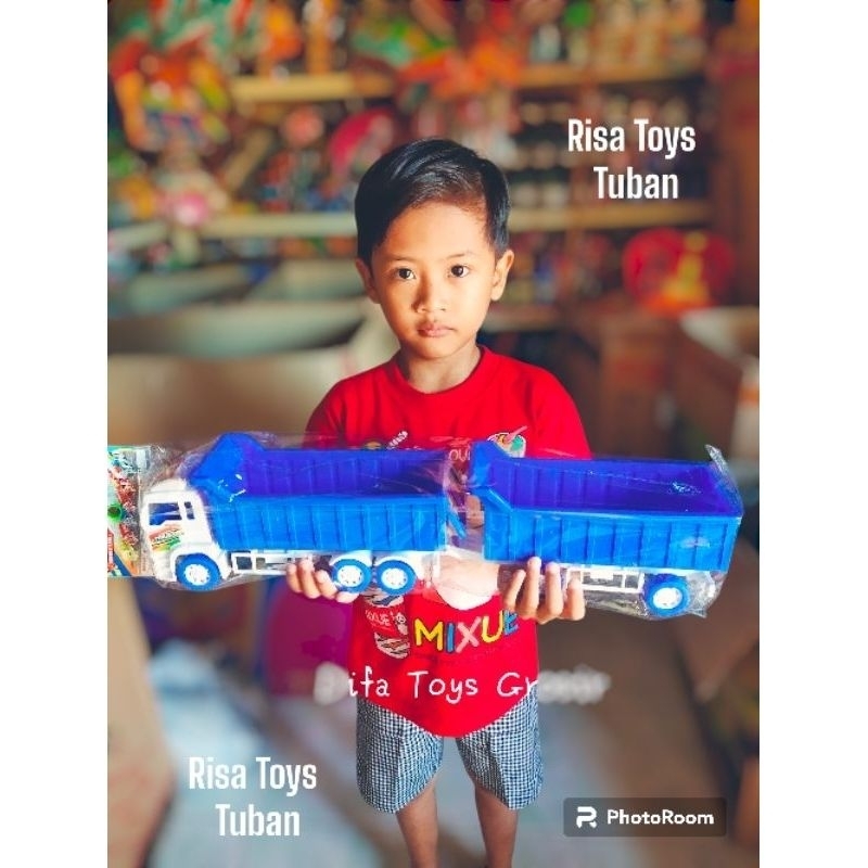 Mainan Mobil Truk Gandeng Panjang 47Cm Bak Bisa Buka Tutup Dan Naik Turun/ Mainan Truk Pasir Gandeng