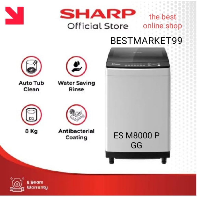 SHARP MESIN CUCI 1 TABUNG OTOMATIS ESM 8000 PGG 8 KG TOP LOADING GARANSI RESMI