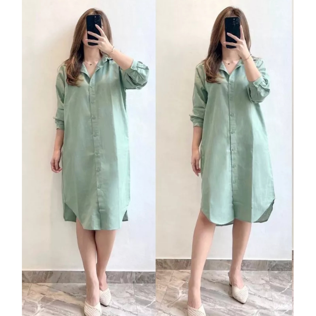 Baju Wanita Tunik Kemeja Remaja Motif Polos Tali Pinggang Long Dress