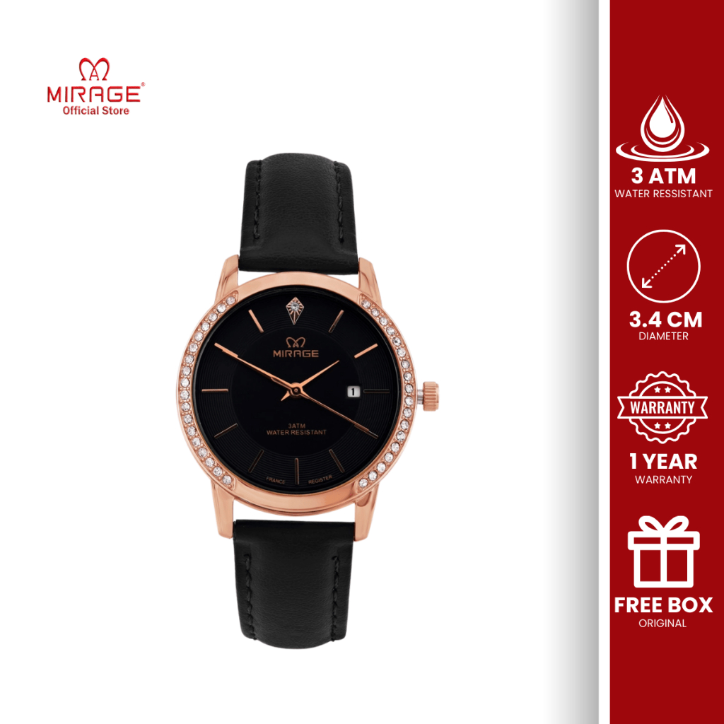 Mirage Jam Tangan Wanita Permata Strap Kulit Analog Kasual Elegant 8805 L Original Anti Air Garansi