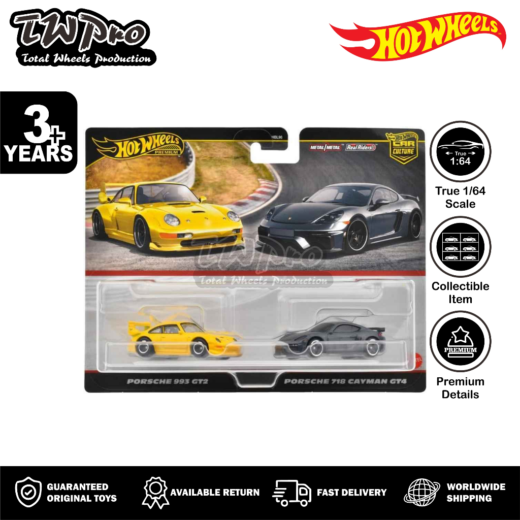 Hot Wheels Premium Car Culture 2 Pack Porsche 993 GT2 / Porsche 718 Cayman GT4 - Yellow - Gray - New